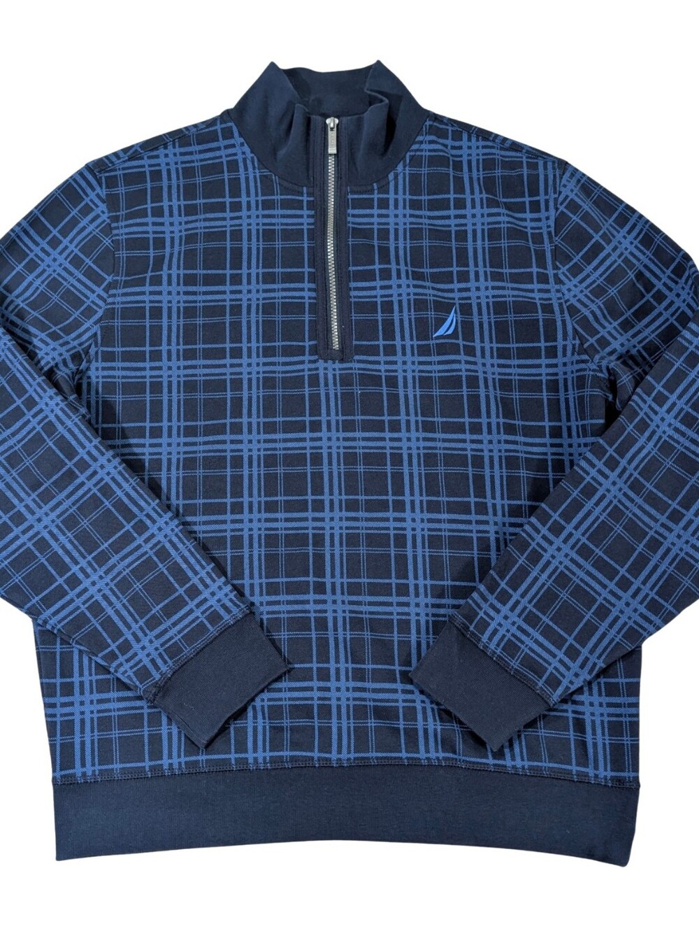 Nautica Mens Large Quarter Zip Pullover Sweatshirt Blue Grid Plaid